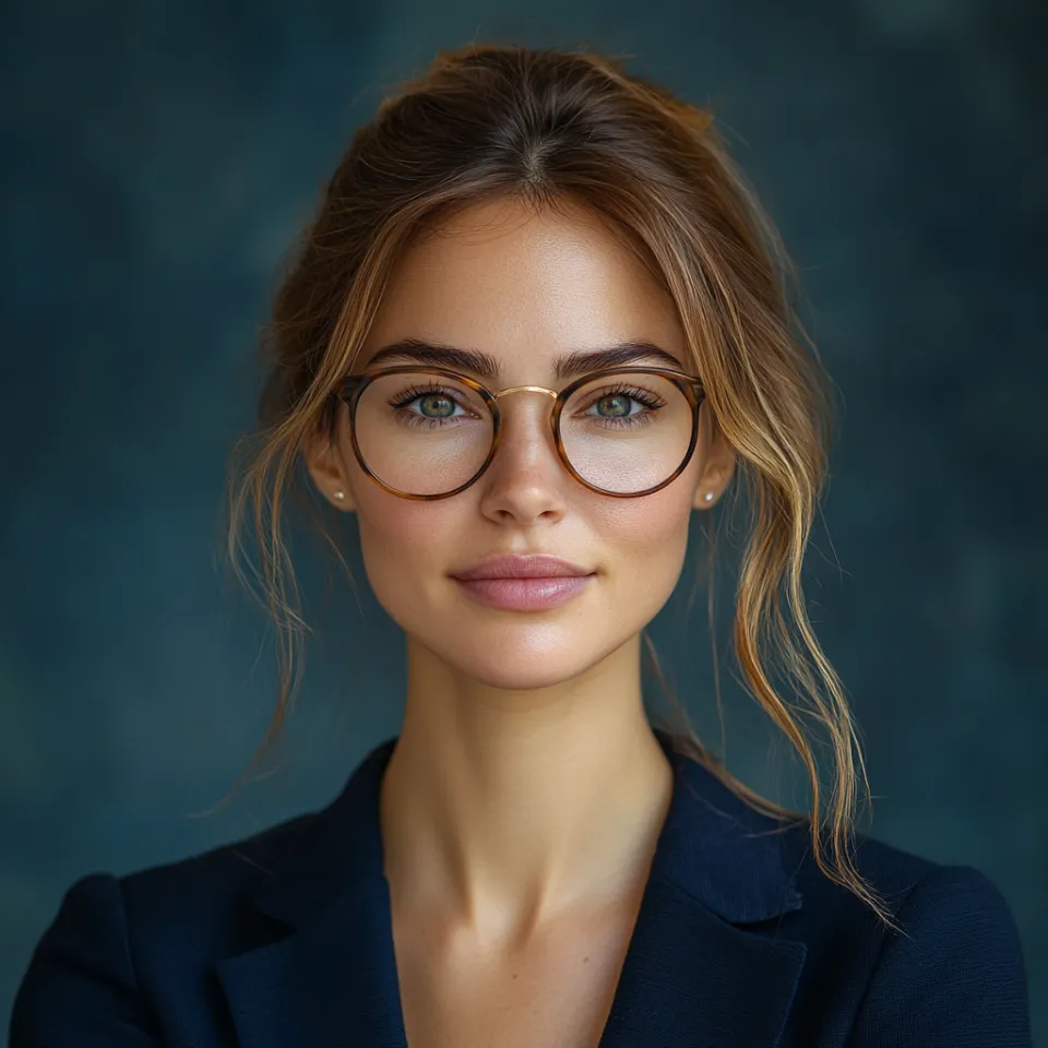 Retrato elegante de una mujer con grandes gafas sobre un fondo neutral