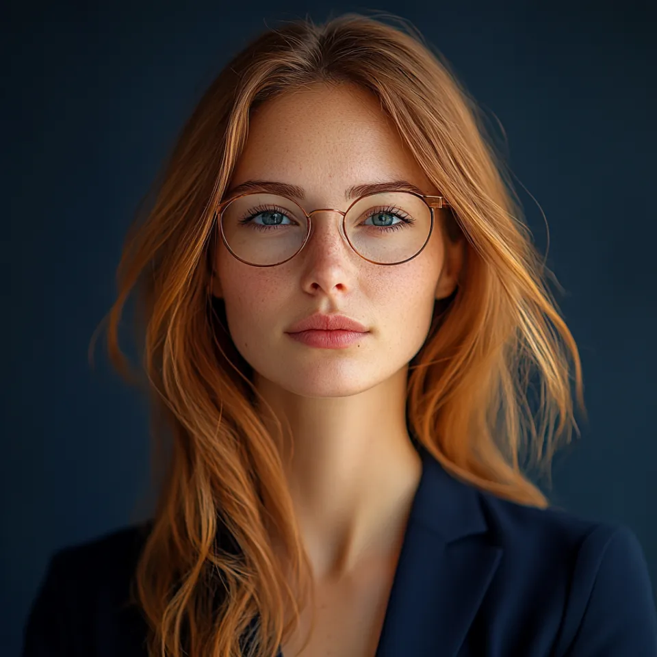 Woman with long red hair in glasses against a dark background