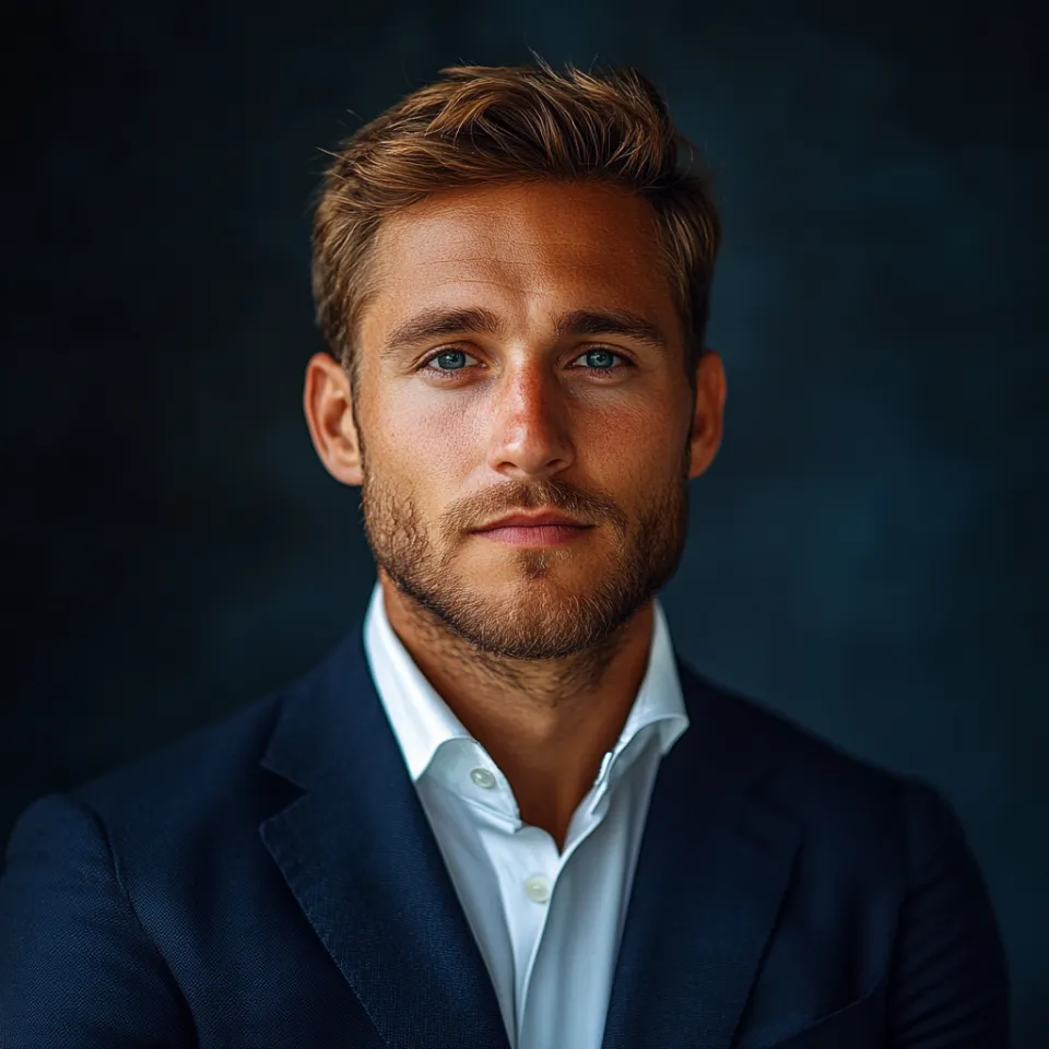 Hombre de cabello claro en traje sobre un fondo neutral