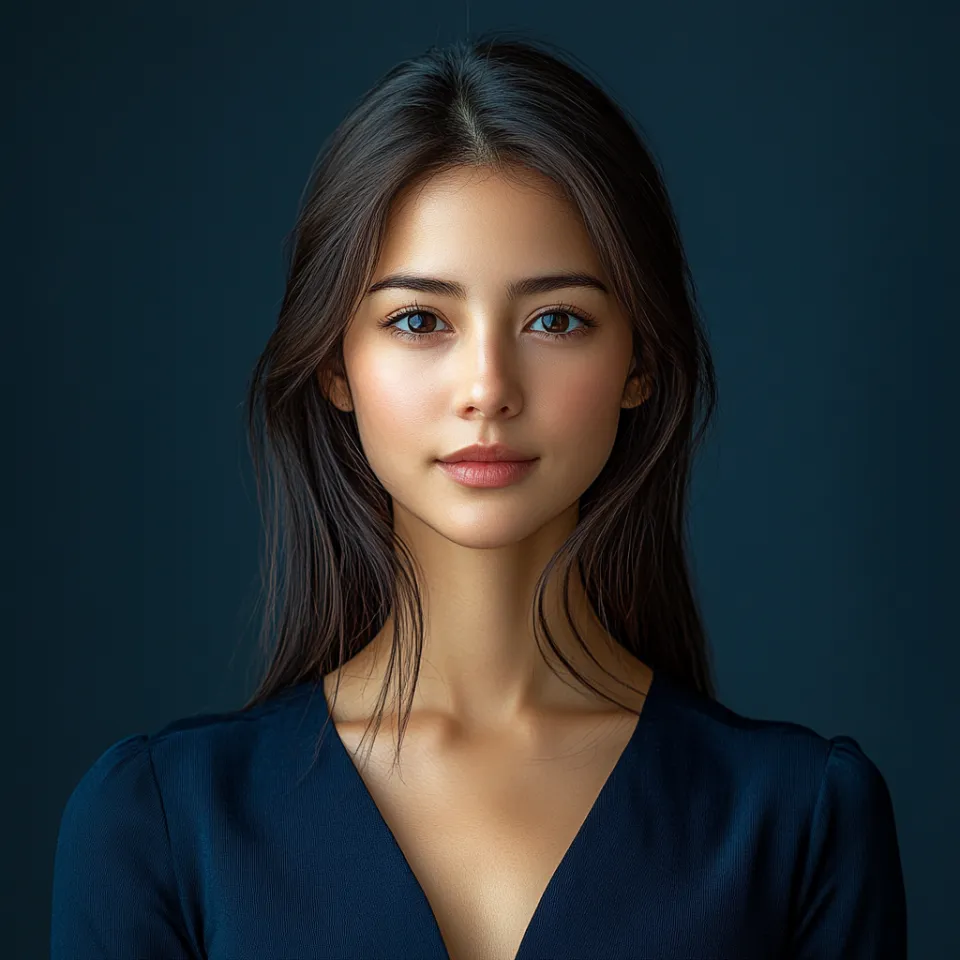 Retrato estético de una chica con cabello largo y ojos azules