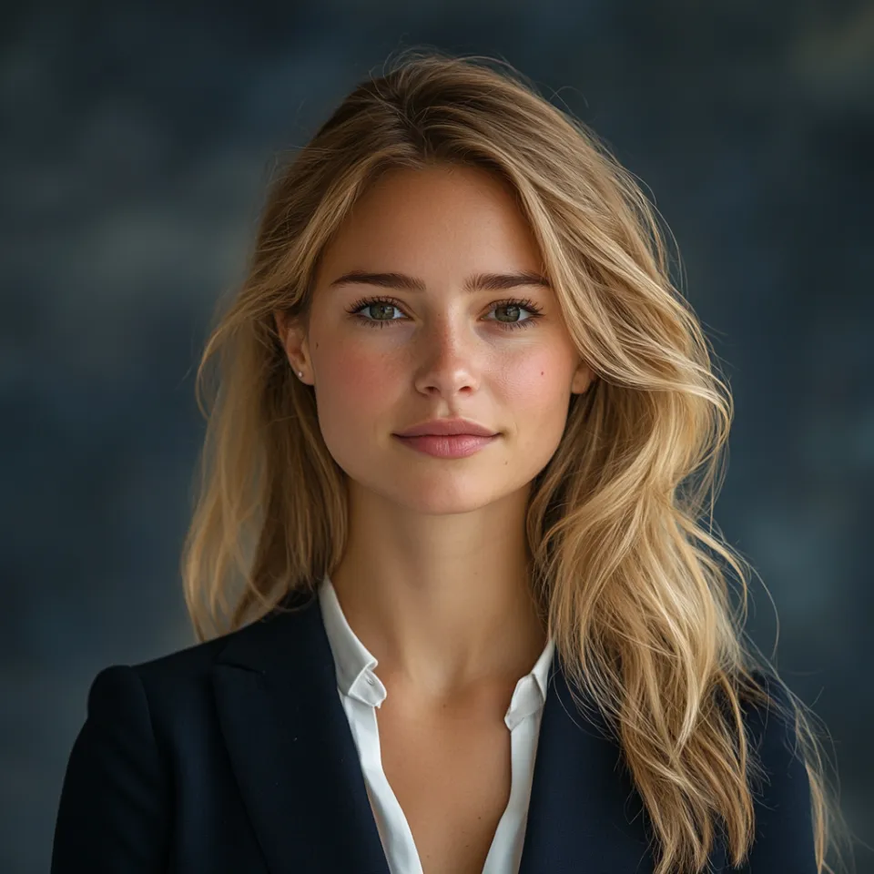 Strict portrait of a blonde woman in a business suit against a blurred background