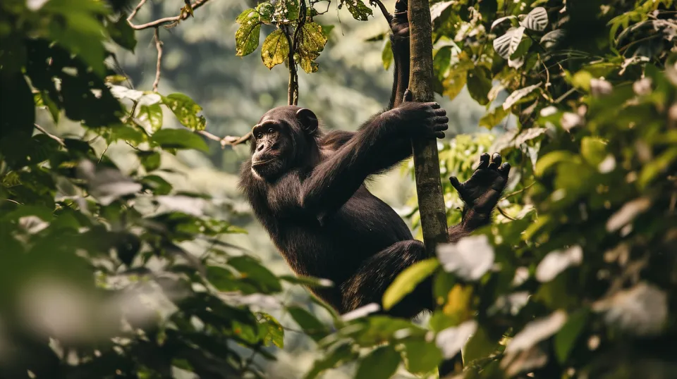 Chimpancé sentado en una rama de árbol entre el follaje de la selva tropical