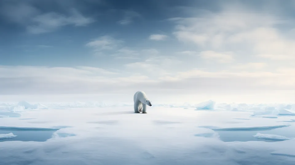 A solitary polar bear against an icy landscape in the Arctic