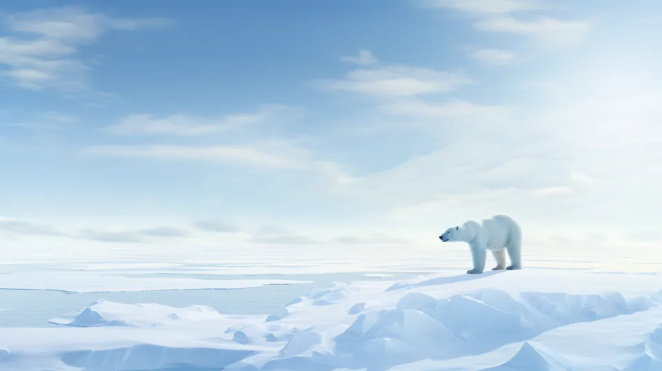 A polar bear exploring the icy surface in an Arctic landscape