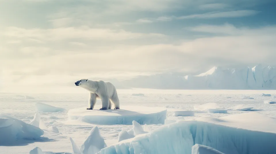 Isolated polar bear on an ice floe in a snowy Arctic setting