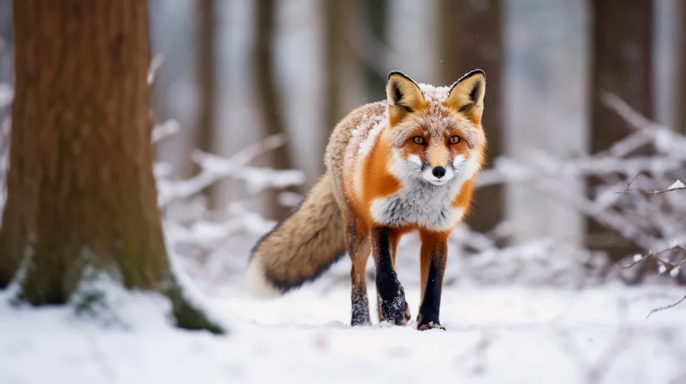 Hermosa imagen de un zorro caminando por un bosque nevado