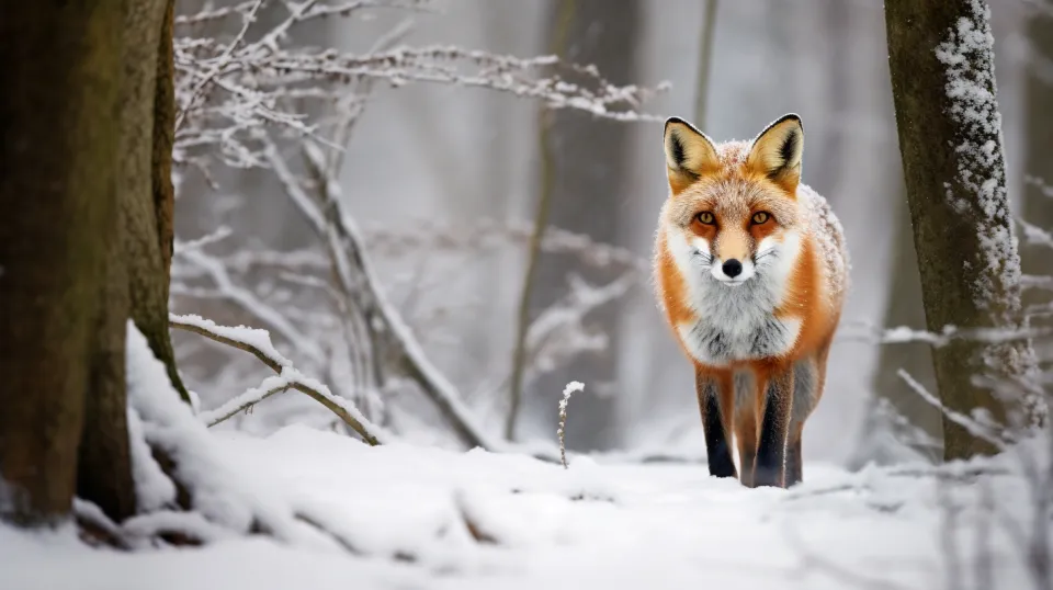Fox standing on the snow in a forest during winter, surrounded by trees