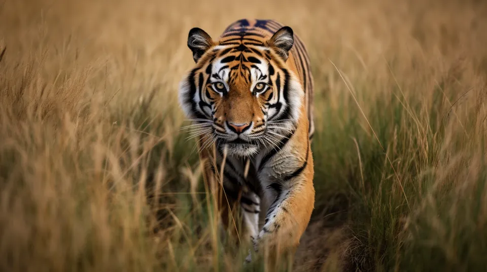 Tigre moviéndose lentamente a través de la alta hierba bajo la luz del sol