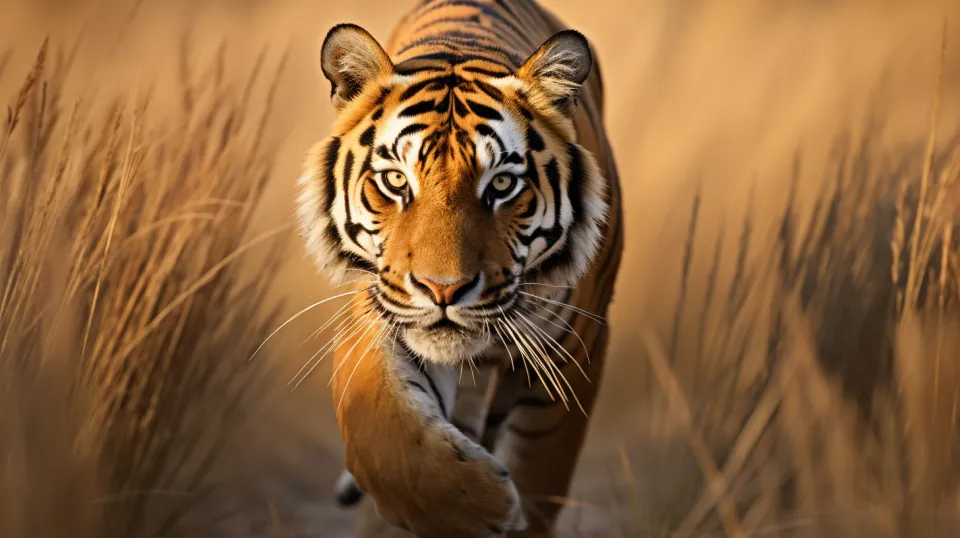 Portrait of a tiger walking through tall grass in the sunset glow