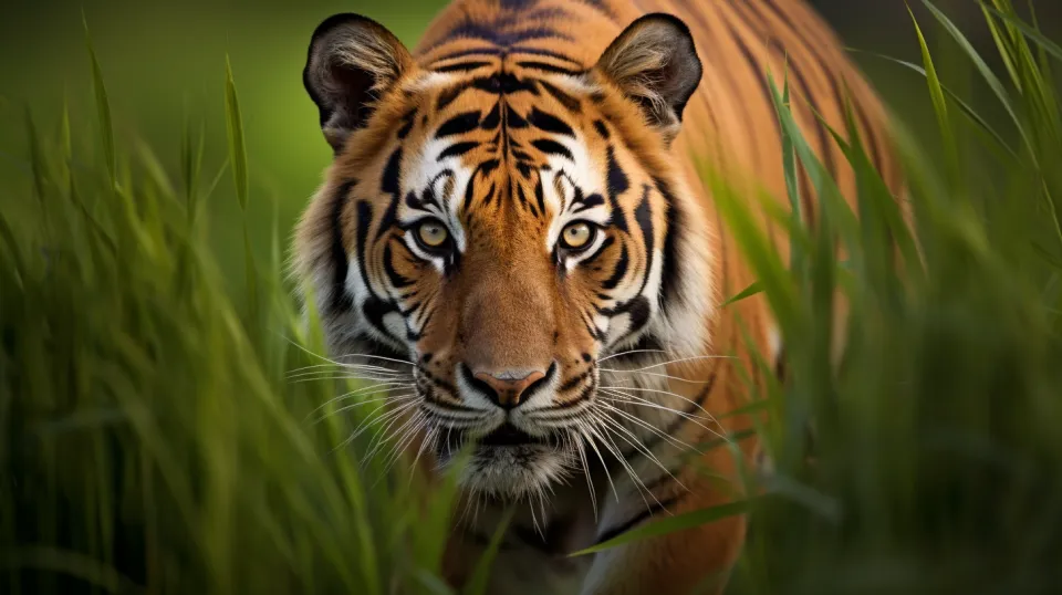 Tigre escondido en la alta hierba, mirando atentamente hacia adelante