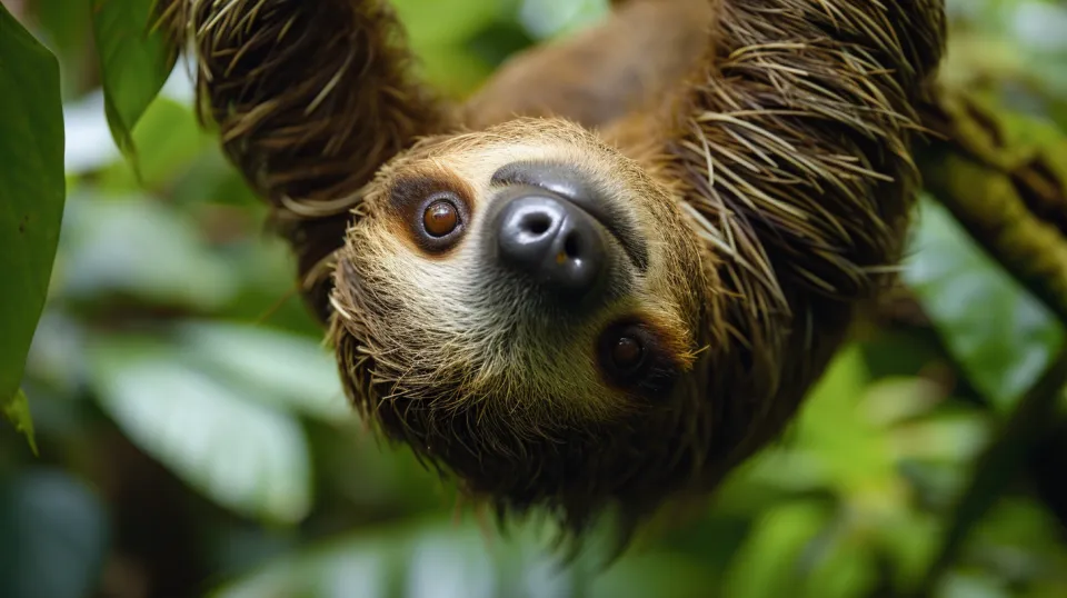 Perezoso colgando boca abajo de una rama de árbol en la jungla
