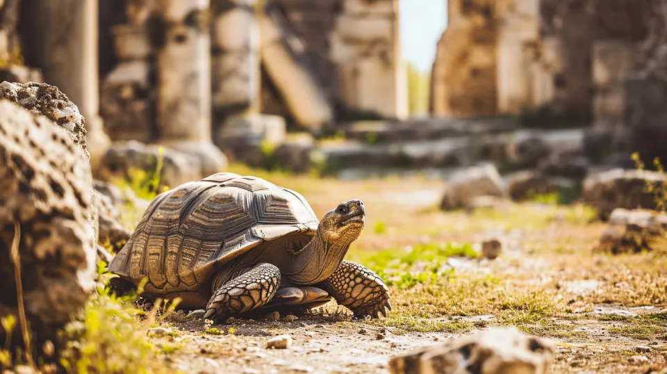 Tortuga frente a ruinas, la vegetación y el sol crean una atmósfera de tranquilidad