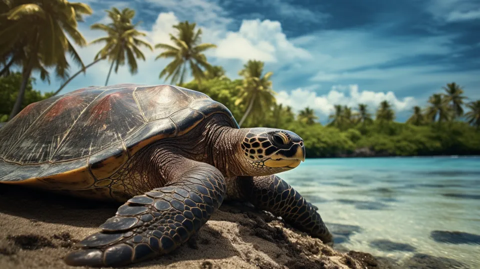 Tropical turtle on a sandy shore with palm trees in the background