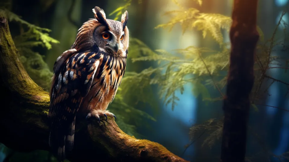 Eastern owl perched on a branch among green foliage in the forest