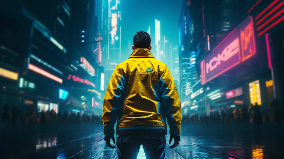 Person in a yellow jacket against the backdrop of city lights and skyscrapers