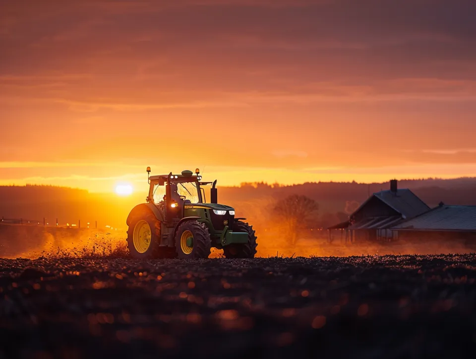 Agricultural tractor driving into the field during sunset