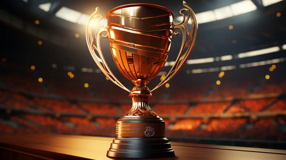 Trofeo de bronce con un hermoso diseño contra el fondo de las gradas del estadio deportivo