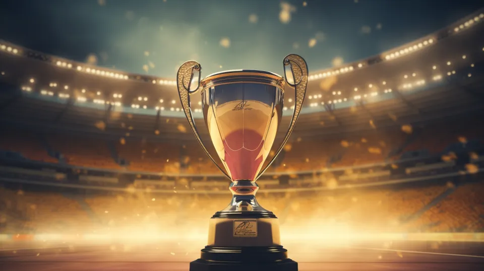 Trofeo frente a un estadio deportivo con luces brillantes
