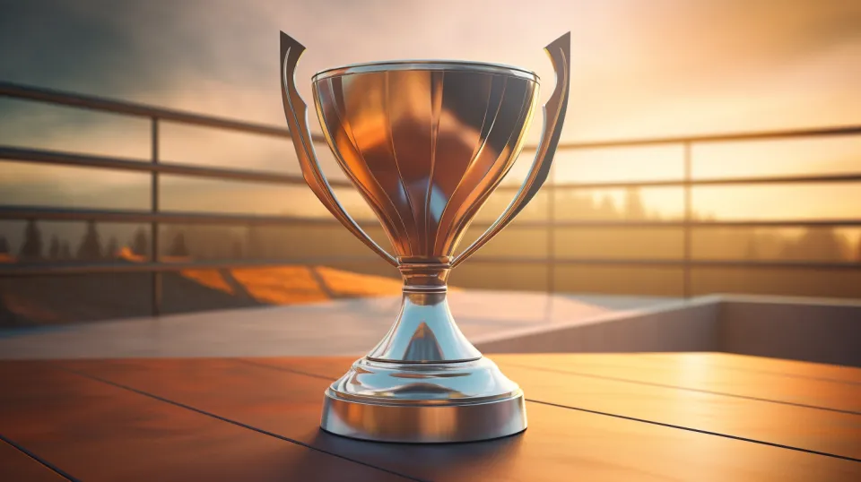 Shiny trophy on a table, illuminated by the sunset light