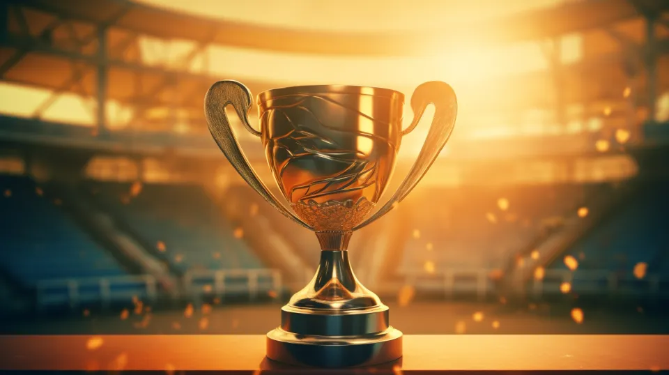 Shiny golden trophy against a blurred stadium at sunset