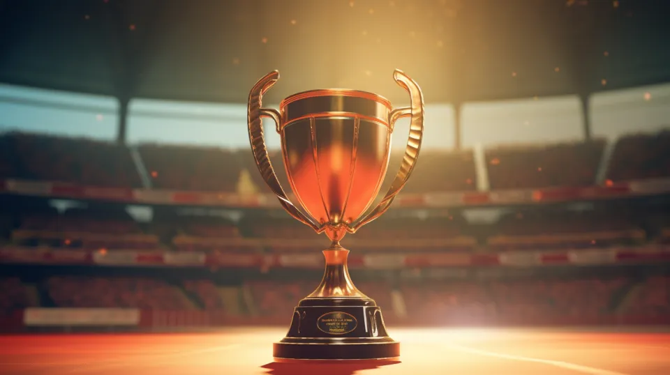 Copa con acabado dorado frente al estadio deportivo