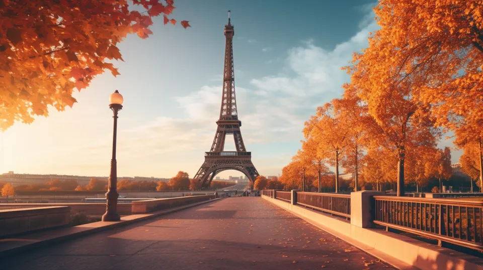 Autumn trees and the Eiffel Tower against the evening sky