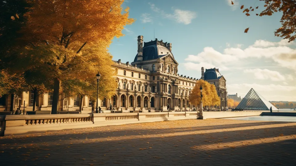 Louvre en otoño, rodeado de árboles amarillos y un cielo nublado