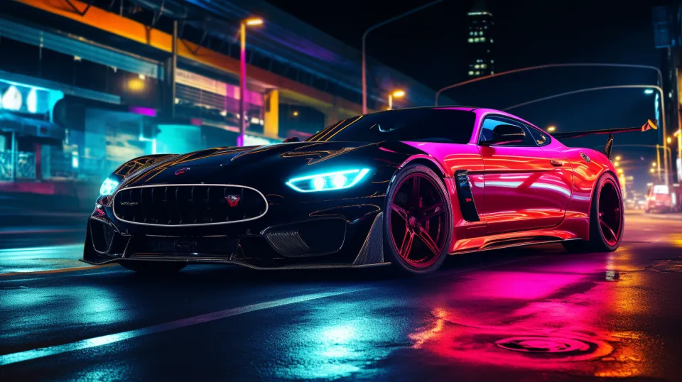 Coche deportivo negro con faros LED en luces de neón