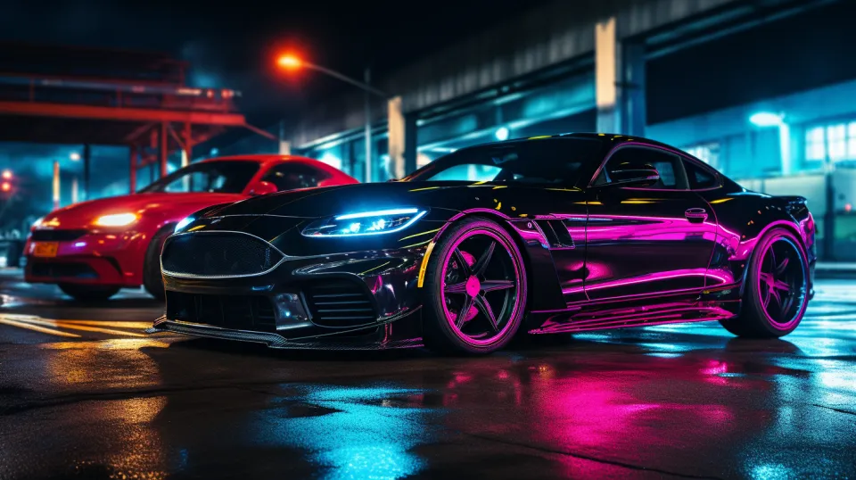 Two sports cars against the backdrop of a city street illuminated by neon lights