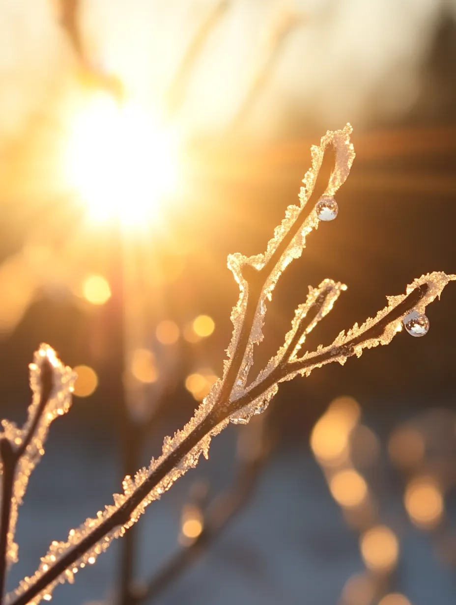 Sun rays breaking through branches adorned with ice and water droplets