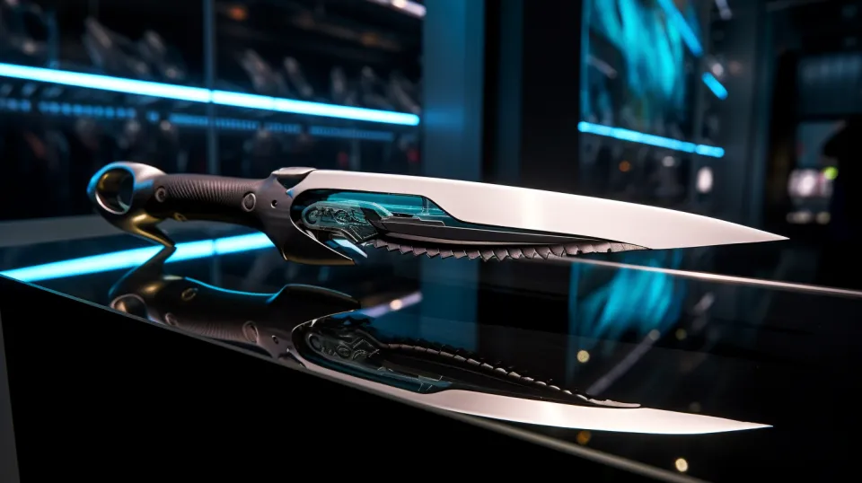Futuristically designed knife with a transparent element and shiny surface