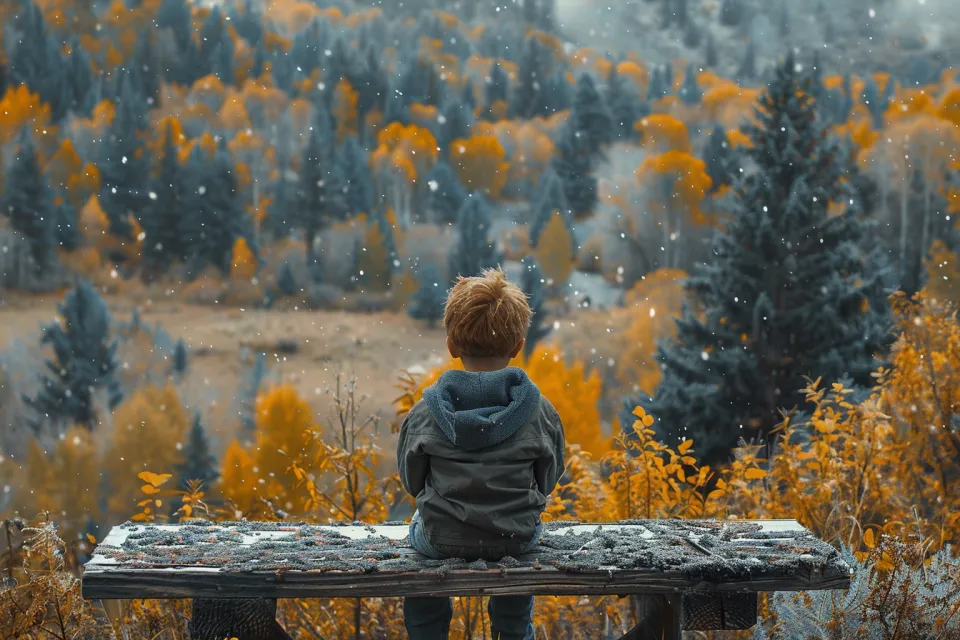 Child sitting on a bench, admiring the autumn scenery and snow cover
