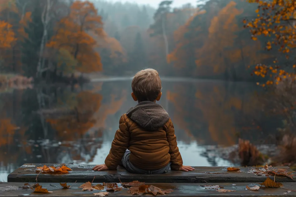 Child sitting on the edge of a lake, surrounded by autumn trees