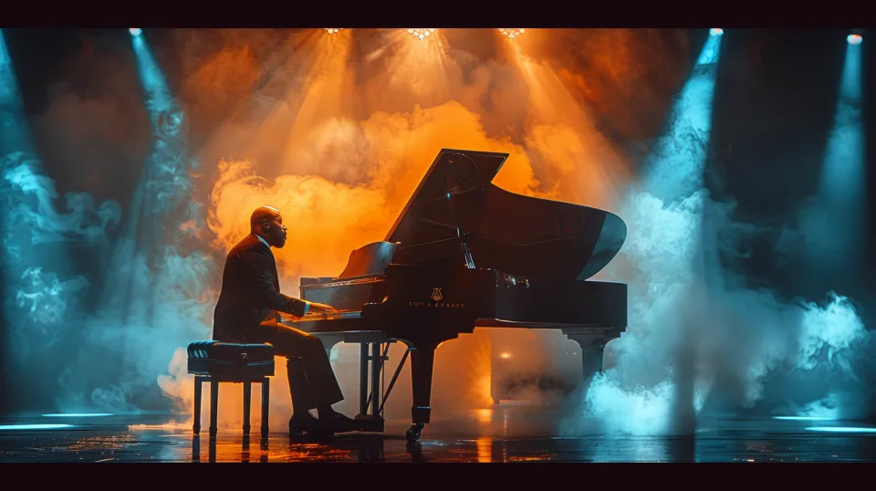 A pianist performs a musical piece on stage with smoke and light