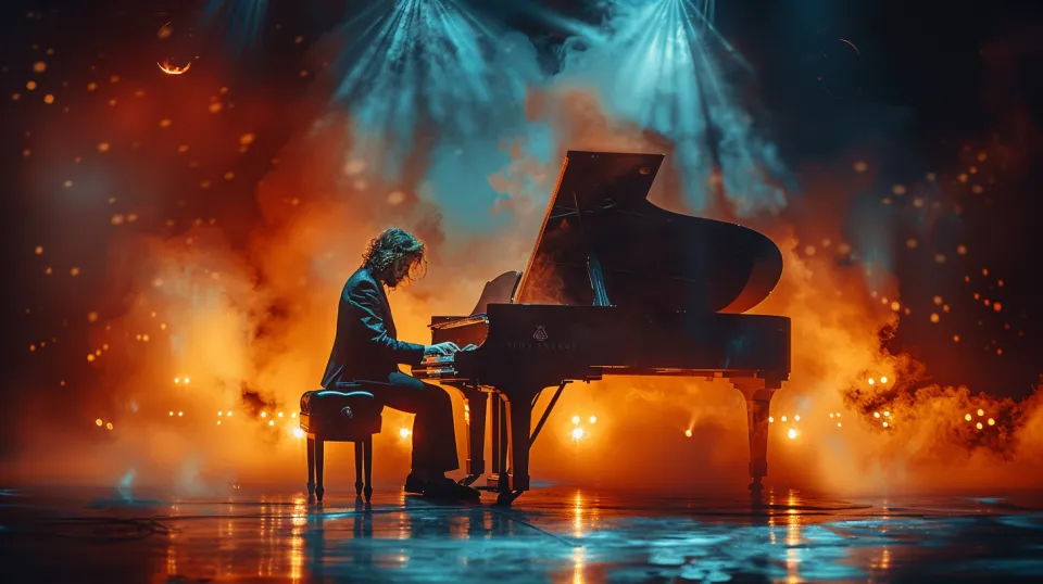 Pianista actuando frente a luces y una neblina