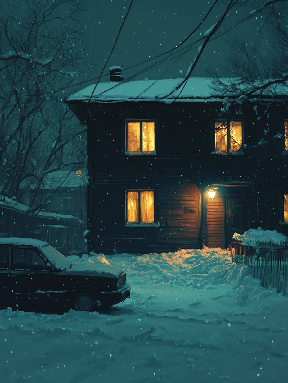 Paisaje invernal con una casa iluminada por cálida luz y un camino nevado