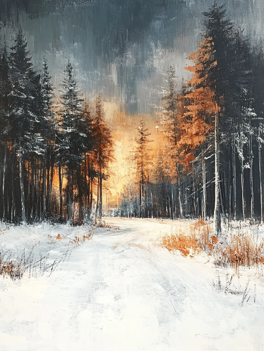 Bosque invernal con cielo oscuro y luces naranjas en el horizonte
