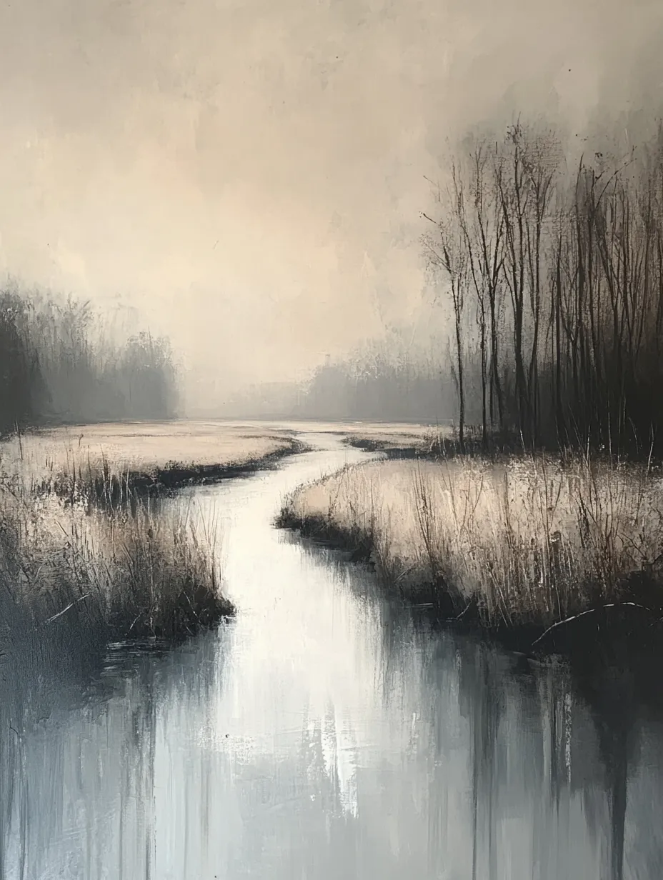 Tranquilo paisaje brumoso con un río serpenteante y árboles desnudos