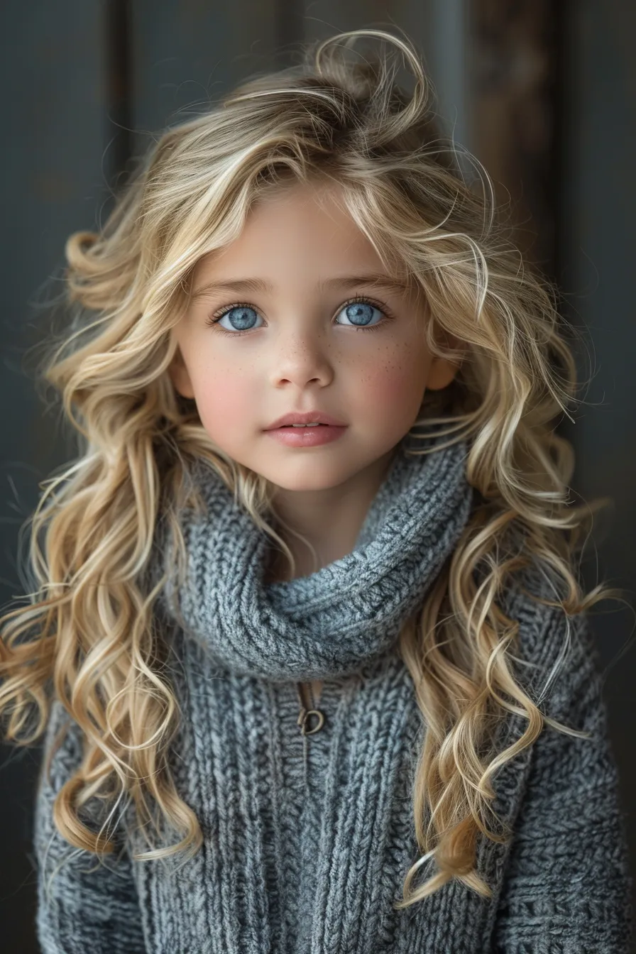 Portrait of a girl with blue eyes and curly hair in a cozy sweater