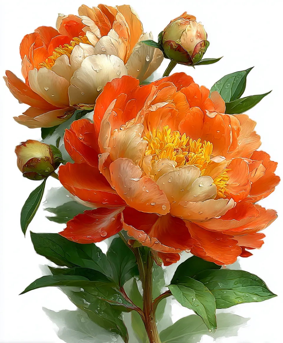 Bright orange peonies with water droplets on the leaves against a white background