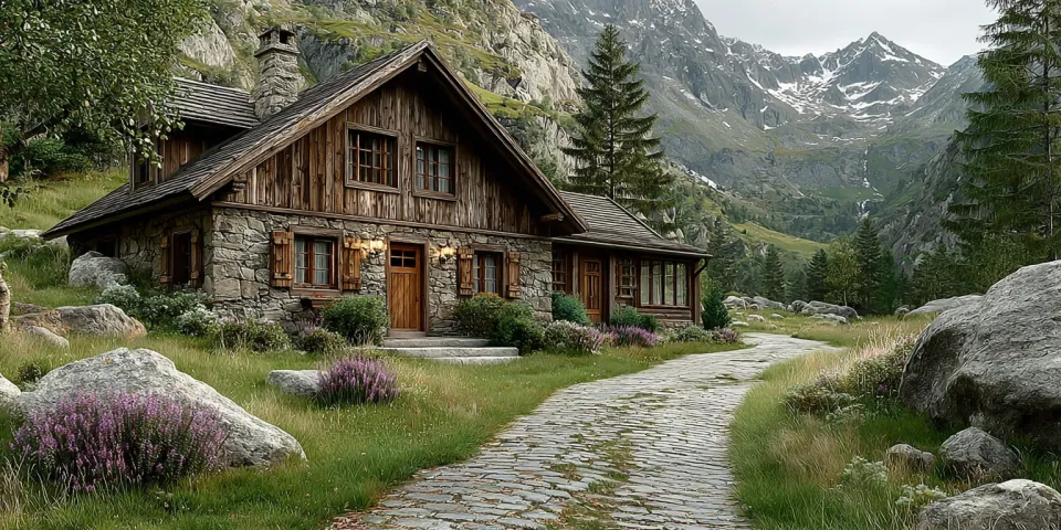 Casa de madera con paredes de piedra frente a las montañas