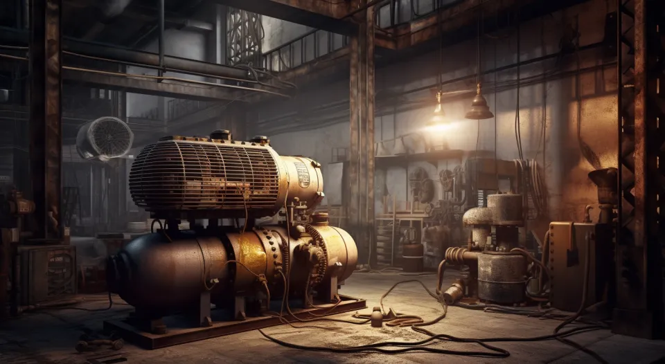 View of vintage industrial machines and compressors in a workshop