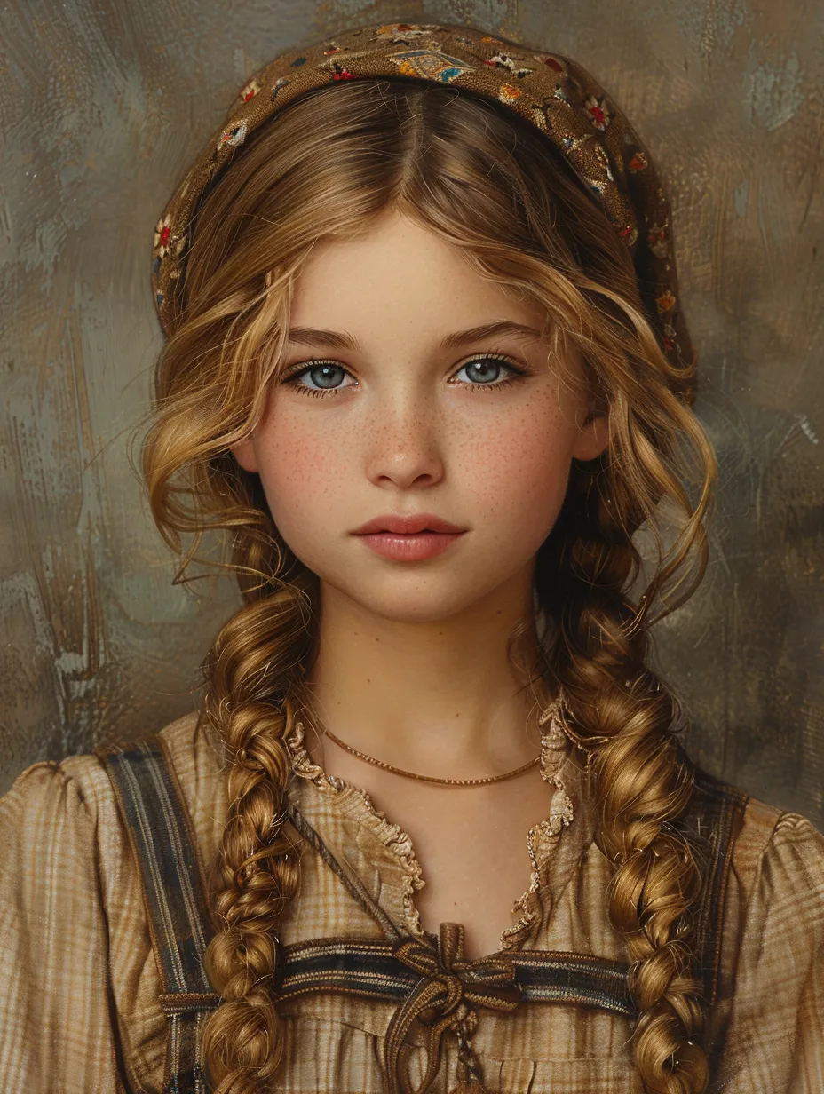 Girl with Long Light Braids, Dressed in an Antique Outfit with a Delicate Face