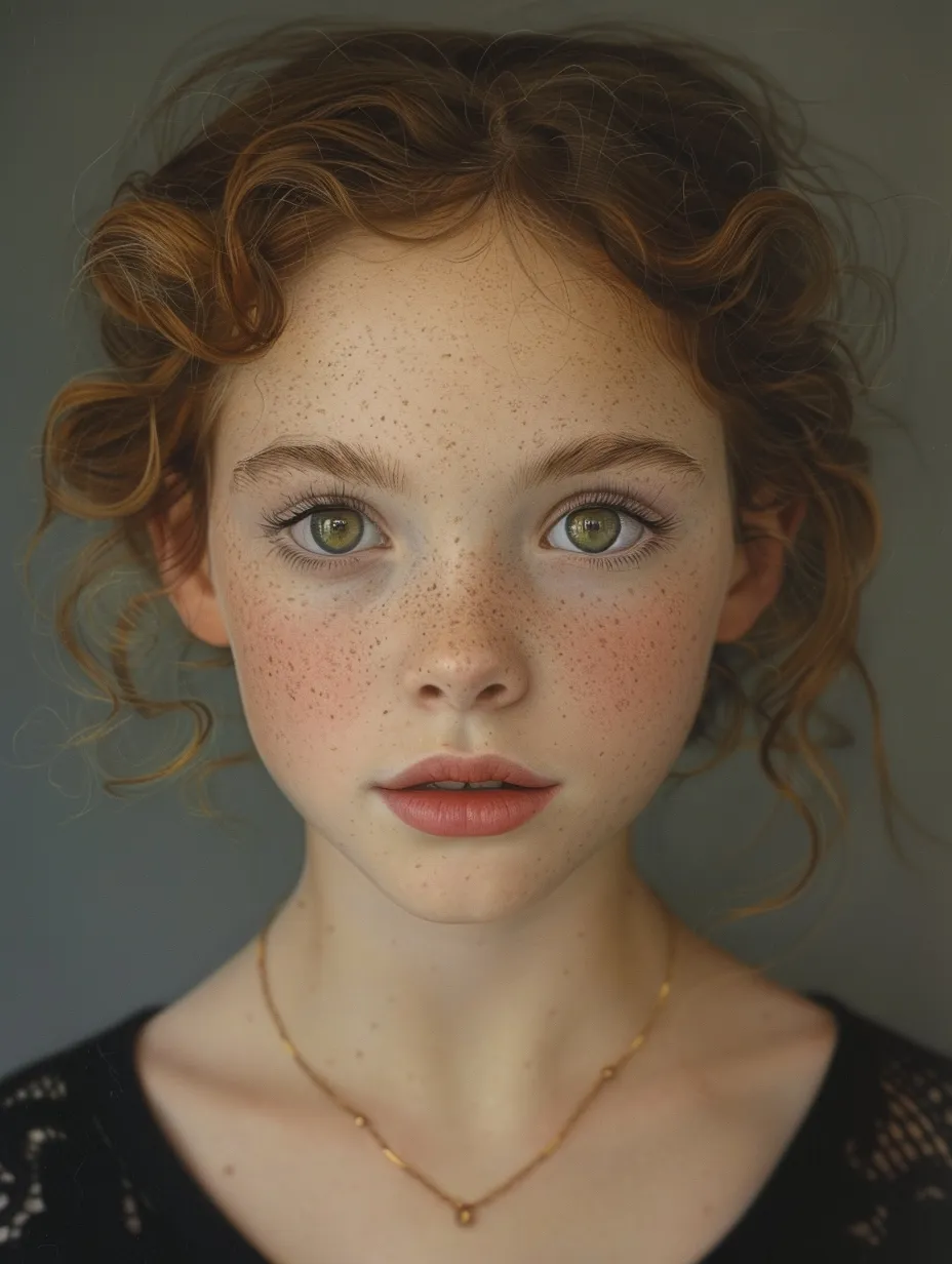 Photo of a girl with green eyes and freckles on her face