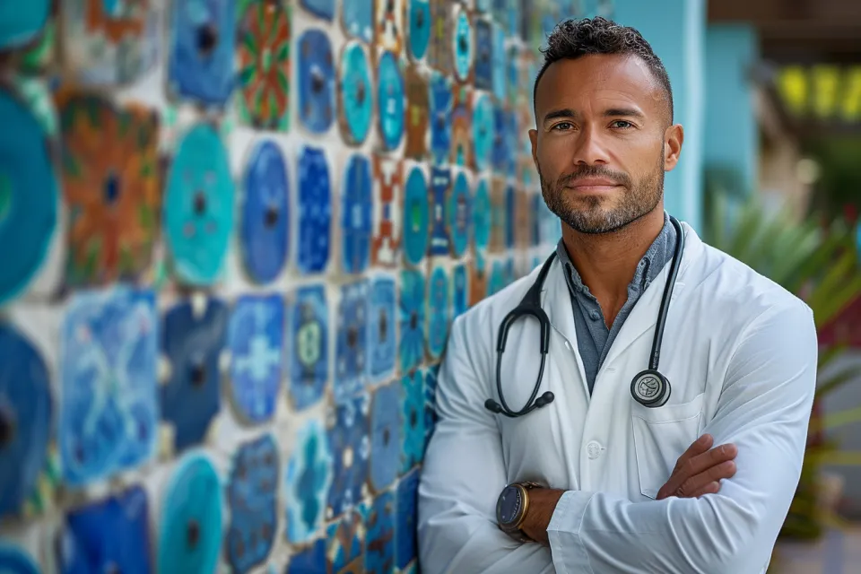 El médico está de pie con los brazos cruzados frente a azulejos brillantes