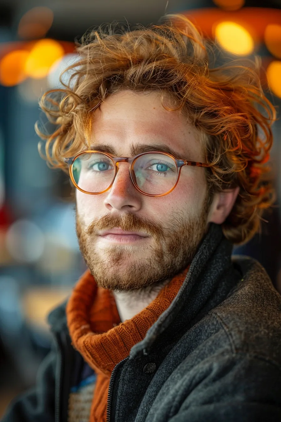 Young man with curly hair and glasses in a cozy café