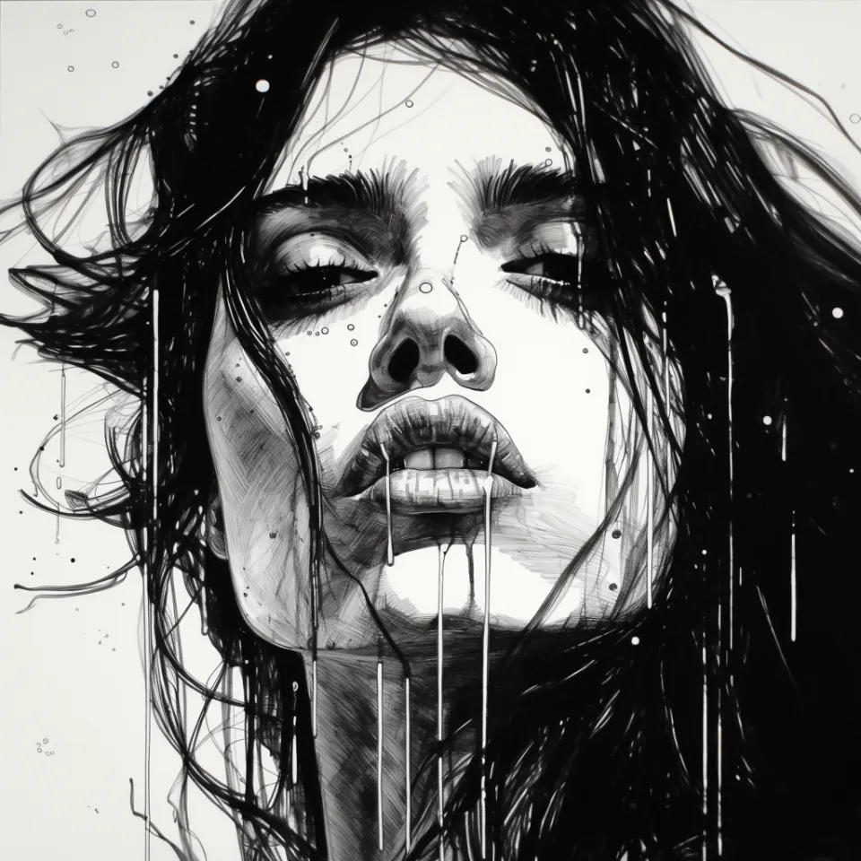 Emotional portrait of a woman with drops of black paint on her face