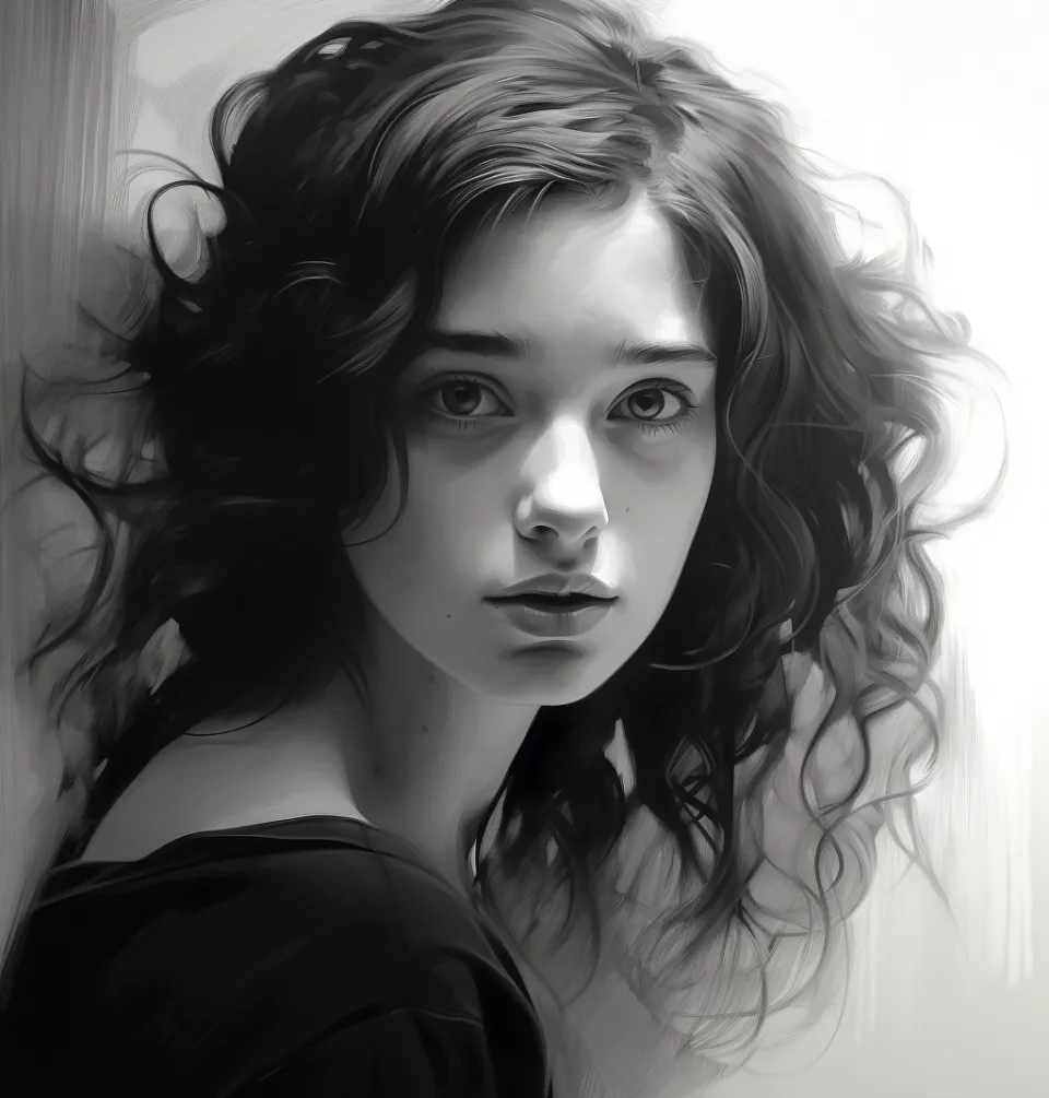 Black and white image of a girl with curly hair and a serious expression