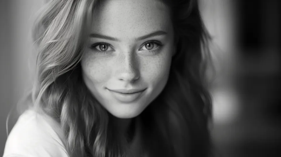 Close-up of a girl's face with freckles and soft curls against a blurred interior background