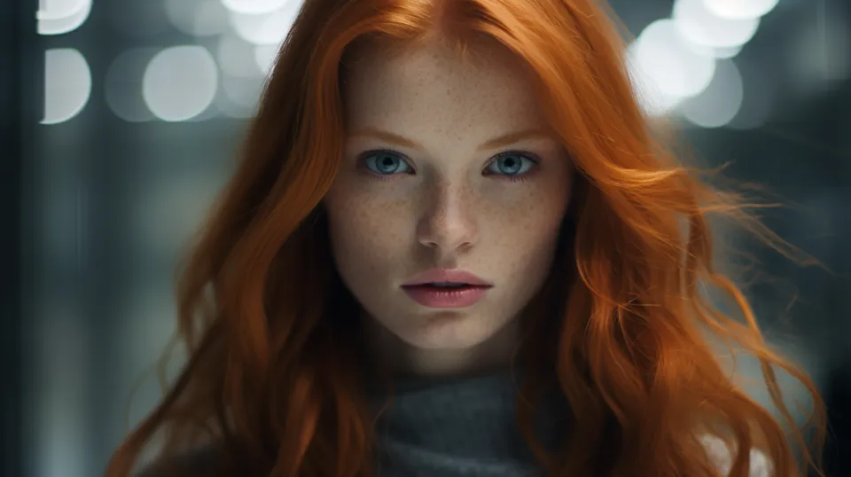 Close-up of a woman with bright red hair and expressive eyes